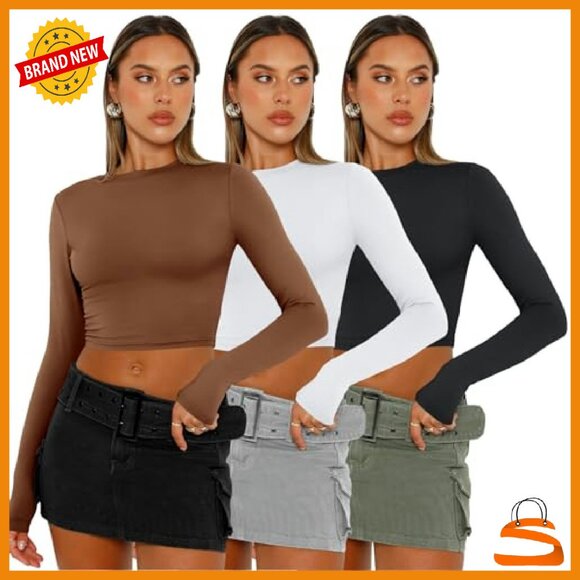 3 Pack Long Sleeve Crop Tops Slim Fit Polyester Spandex Y2K - Picture 3 of 5